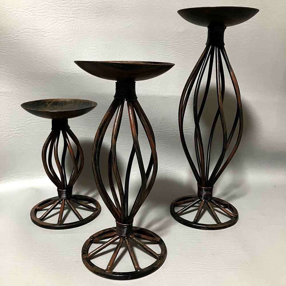 Twisted Metal Cage Candle Holders Black Bronze Iron Set of 3 Modern Gothic Decor
